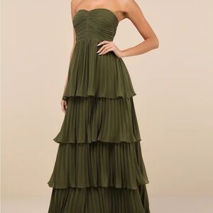 NWT Lulus Seriously Sensational Olive Green Strapless Tiered Maxi Dress - M